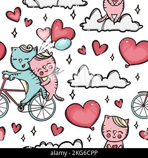 CAT ON A BIKE Pussycat Hugs Her Lover Who Rolls Her On The Cloud Valentine Day Cartoon Animals Hand Drawn Seamless Pattern Vector Illustration For Pri Stock Vector