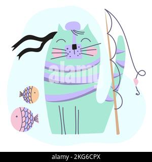 CAT FISHER Comic Animal Cartoon Funny Vector Illustration Set For Print Stock Vector