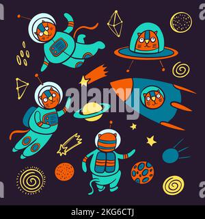 CAT SPACE Cute Cosmic Traveling Animal In Spacesuit And In Rocket Among Planets Stars And Constellations Of Galaxy Cartoon Hand Drawn Vector Illustrat Stock Vector