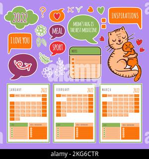 CAT PLANNER WINTER 2022 Template Schedule And Collection With Design Elements For A Three Months For Printable And Plotter Cutting Clip Art Vector ill Stock Vector