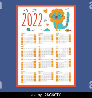 CAT LION CALENDAR 2022 Year Printable Template Business Organizer Schedule Page For A Day For Effective Planning Flat Style Design Clip Art Vector ill Stock Vector