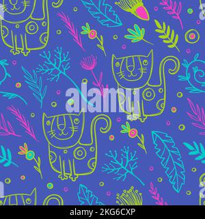 CAT PATTERN Cute Kitten Dreams Among Flowers Multicolored Herbs And Branches Cartoon Hand Drawn Abstract Seamless Background Vector Illustration For P Stock Vector