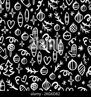 CHRISTMAS BACKGROUND Doodle Symbols Decoration Greeting Card New Year Winter Holiday White On Black Cartoon Seamless Pattern Vector Illustration Stock Vector