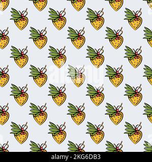 CHRISTMAS COOKIE New Year Decoration With Golden Heart Shaped And Red Berry Cookies On White Background Seamless Pattern Vector Stock Vector