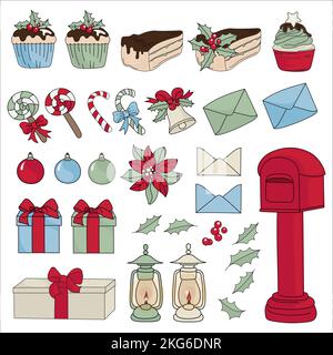 CHRISTMAS SET Merry Christmas New Year Holiday Cartoon Vector Illustration Set For Print Stock Vector