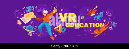 VR education poster. Concept of virtual reality technologies, metaverse for learning. Girl student in VR glasses and icons of different sciences, vector illustration in contemporary style Stock Vector