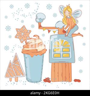 COFFEE MOOD FAIRY Cartoon Dessert Princess Vector Illustration Set For Print Stock Vector