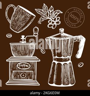 COFFEE MILL SKETCH Design Of Stickers And Labels For Shop Of Dessert Drinks And Naturals In Vintage Style Hand Drawn Clip Art Vector Illustration Set Stock Vector