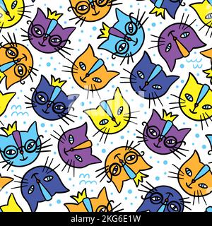 COLORFUL CATS Hand Drawn Children Sketch Cartoon Cute Animal Faces Seamless Pattern Vector Illustration For Print Stock Vector