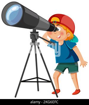 A boy looking through telescope illustration Stock Photo