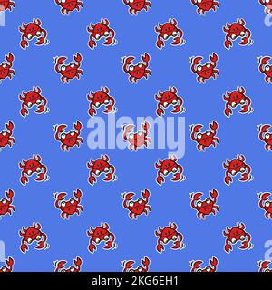 CRAB SMILING Cartoon Hand Drawn Picture Seamless Pattern Cute Red Underwater Inhabitant For Design Vector Illustration On Blue Background Fairy Tale F Stock Vector