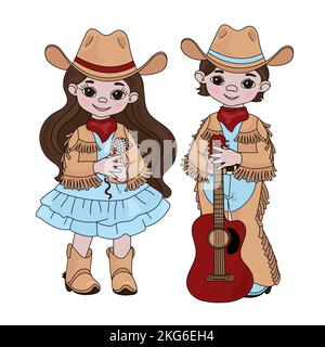 COUNTRY MUSIC FRIENDS Cowboy Cartoon American Western Festival Vector Illustration Set For Print Stock Vector