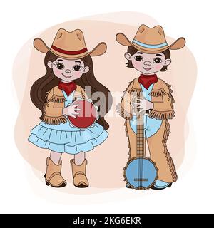 COWGIRL COWBOY Western Country Music American Festival Cartoon Vector Illustration Set For Print Stock Vector