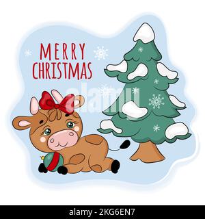COZY BULL UNDER THE CHRISTMAS TREE Cute New Year Merry Christmas Cartoon Holiday Hand Drawn Vector Illustration Set For Print Stock Vector