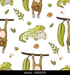 CROCODILE AND MONKEY Cute Cartoon Tropical African Animals Hand Drawn Grunge Style Seamless Pattern Vector Illustration For Print Stock Vector
