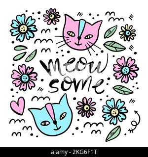 CUTE CAT Hand Drawn Children Sketch Valentine Day Love Floral Flower Cartoon Animal Clip Art Vector Illustration Set For Print Stock Vector