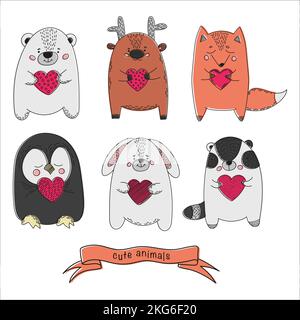 CUTE ANIMALS Comic Valentine Day Cartoon Vector Illustration Set For Print Stock Vector