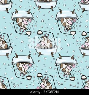 CUTE COW BATHING IN THE BATH FLIPPED OVER New Year Merry Christmas Cartoon Holiday Cute Animal Hand Drawn Seamless Pattern Vector Illustration Set For Stock Vector