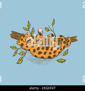 CUTE LEOPARD Cartoon Jungle Animal Hand Drawn Vector Illustration Card For Print Stock Vector