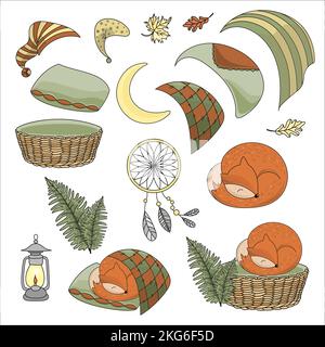 CUTE SLEEPING FOX SET Cartoon Forest Animal Vector Illustration For Print Stock Vector