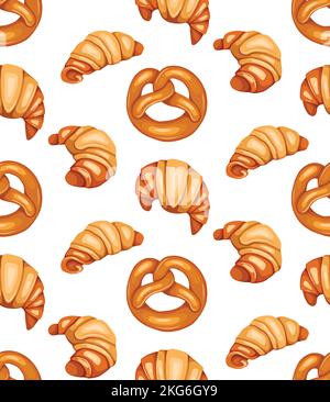 Vector seamless pattern with cartoon hand drawn pretzels and croissants on white background. Texture with German and French bakery buns. Backdrop Stock Vector