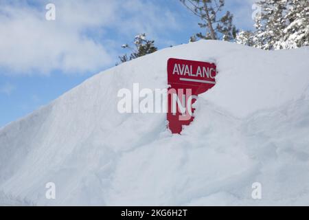 Avalanche warning no stopping sign in Sierra Nevada mountains with a view of the road ahead. Stock Photo