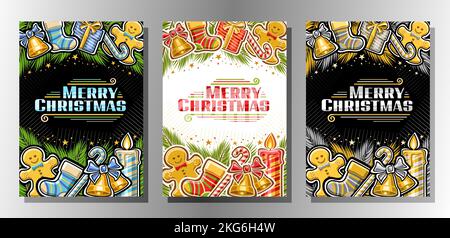 Vector flyer set for Christmas, vertical templates with illustrations of golden bells with bow, branches of christmas tree, decorative stars, gingerbr Stock Vector