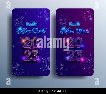 Happy new year 2023 poster and banner for social media stories with neon text effect with colorful halftone sparkles, fireworks, stars Stock Vector