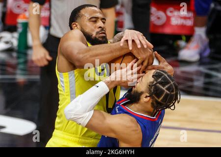 Utah Jazz guard Talen Horton-Tucker (0) brings the ball up court during the  second half of an NBA basketball game against the Memphis Grizzlies Monday,  Oct. 31, 2022, in Salt Lake City. (