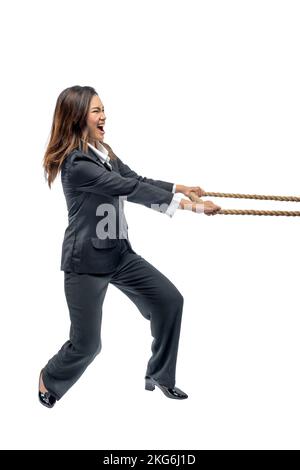 Asian businesswoman pulling rope isolated over white background Stock Photo