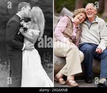 And they lived happily ever after. A full-length portrait of a pair of newlyweds kissing next to a modern day image of themselves. Stock Photo