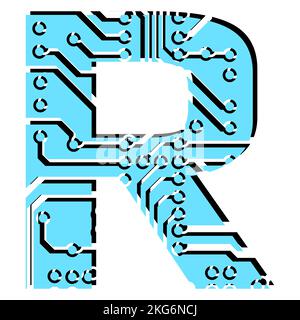 Latin digital letter R perforated with PCB circuit board tracks isolated on white. Colored capital initial letter for headlines of modern digital worl Stock Vector