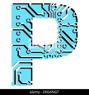 Latin digital letter P perforated with PCB circuit board tracks isolated on white. Colored capital initial letter for headlines of modern digital worl Stock Vector