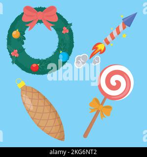 christmas set of vector elements includes wreath, firework rocket, candy and christmas glass cone Stock Vector