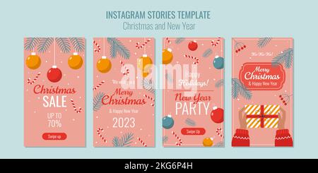 instagram stories template Christmas and New Year on a pink background fir branches lollipops and Christmas balls Stock Vector