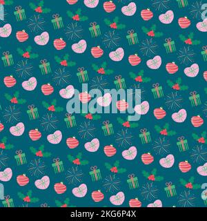 merry christmas pattern with christmas with gifts, firework, holly berries and glass toy ball Stock Vector