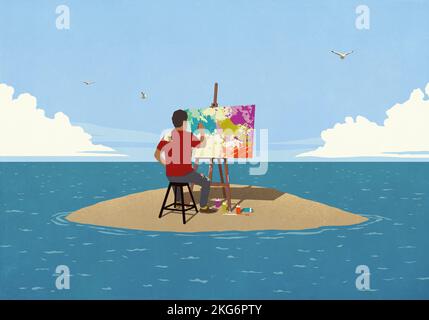 Man painting at easel on remote ocean island Stock Photo - Alamy