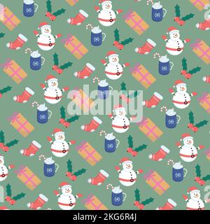 merry christmas pattern with holly berries, red sock, gift, cup of cappuccino and snowman Stock Vector