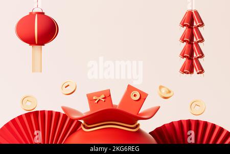 Red lucky bag with Chinese character 'Fu', Spring Festival theme scene, 3d rendering. Digital drawing. Stock Photo