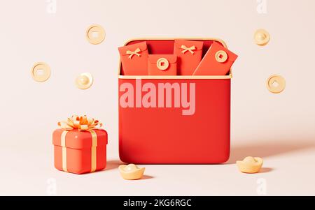 Red envelopes and coins in the yellow background, Spring Festival theme ...