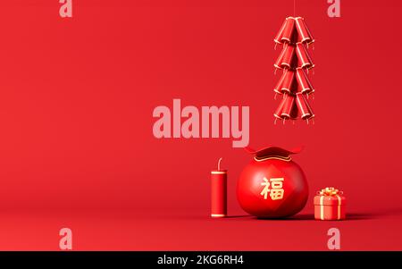 Red lucky bag with Chinese character 'Fu', Spring Festival theme scene, 3d rendering. Digital drawing. Stock Photo