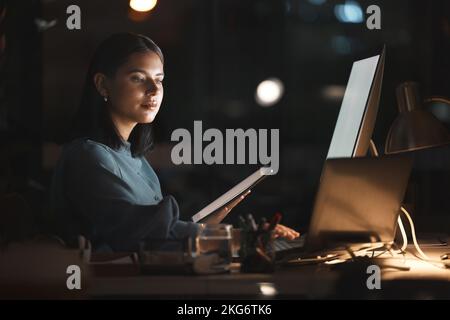 Computer tech, night and woman with tablet working on database programming code, ai development design or software coding. Ui screen, programmer or Stock Photo