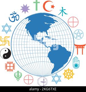 Religious symbols around earth planet illustration Stock Vector