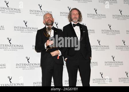 New York, USA. 21st Nov, 2022. Winner in Kids: Animation for 'Shaun the Sheep: Flight Before Christmas', Steve Cox and Richard Beek pose for photos in the Press Room at the International Emmy Awards at the New York Hilton in New York, NY, on November 21, 2022. (Photo by Efren Landaos/Sipa USA) Credit: Sipa USA/Alamy Live News Stock Photo
