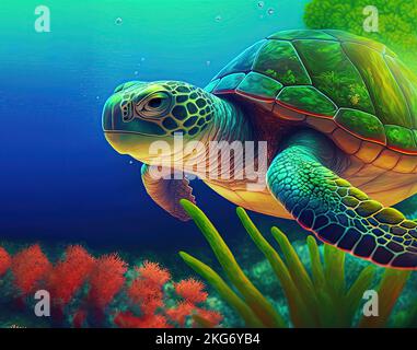 Green sea turtle swimming in blue water of a Maldivian tropical sea with aquatic plants and coral reef. Marine turtle of the family Cheloniidae
