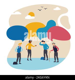Vector illustration with group of different ages people thinking, talking. Concept of business, communication, partnership, problem solving Stock Vector