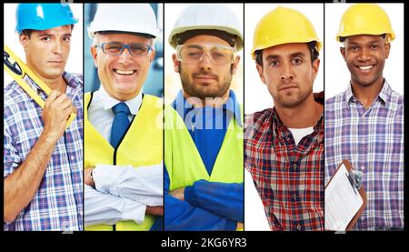 Hes got your building contract. Combined portraits of building contractors. Stock Photo