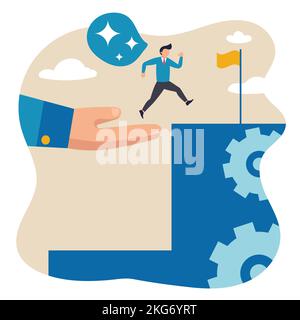 Vector illustration with employee, businessman approaching his goal. Concept of business, career development, partnership, problem solving, innovative Stock Vector