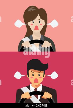 Furious business woman and man driving a car. vector illustration Stock Vector