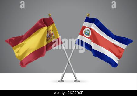 3D illustration of Two Wavy Crossed Flags of Costa Rica and Spain, Sign of Costa Rican and Spanish Relationships Stock Photo